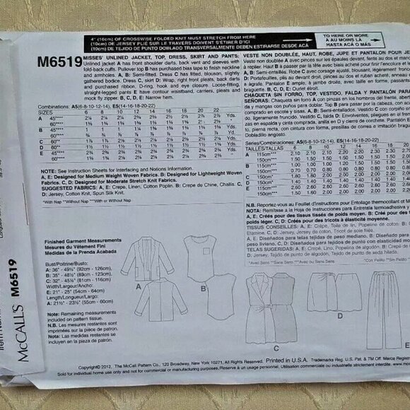 McCall Pattern M6519 Misses Dress Jacket Top Skirt Pants Sz 14 16 18 20 22 - Picture 2 of 2